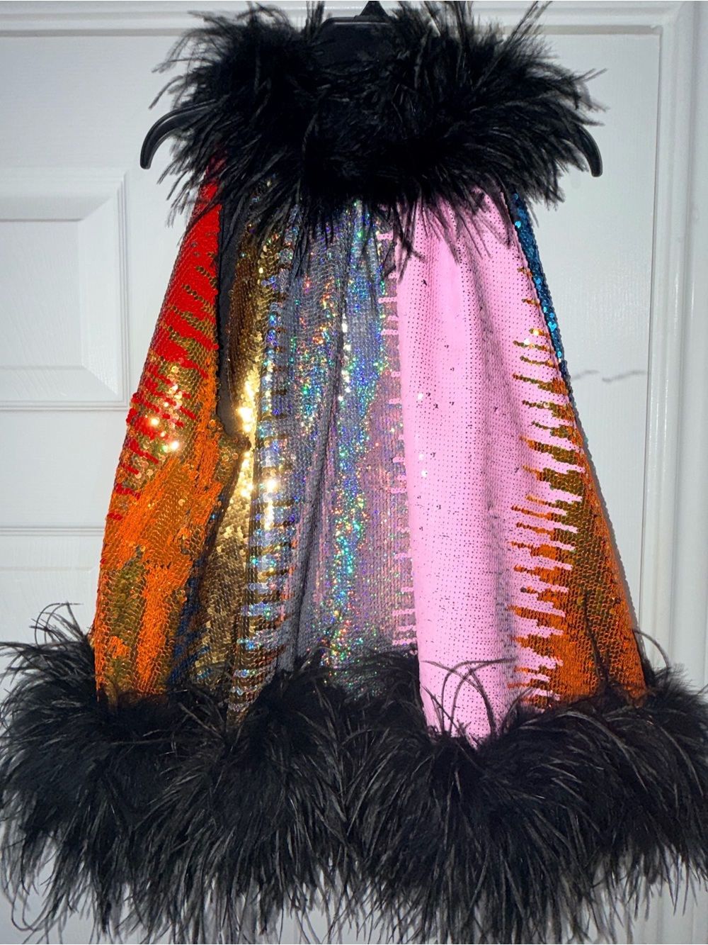 QOS Sequin Panel Feather-Trim Midi Skirt - Pink & Multicolor